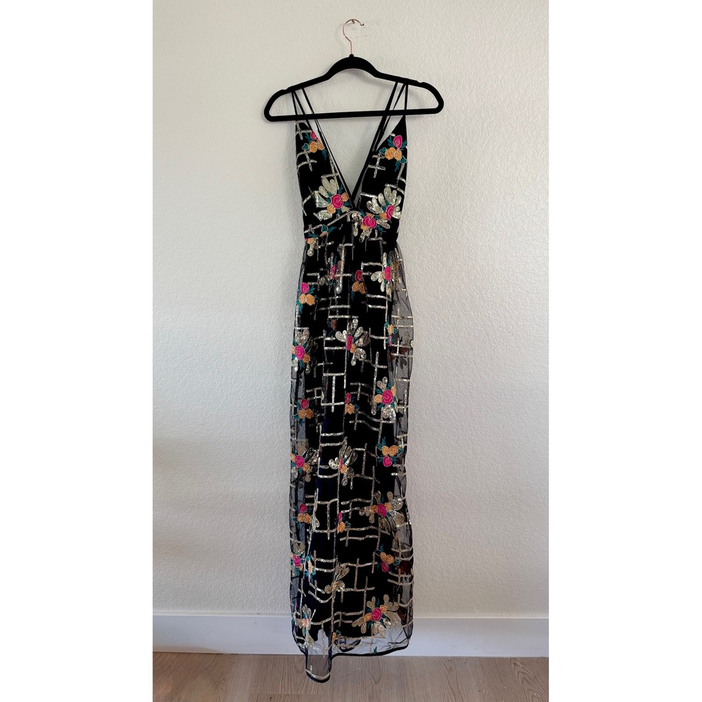 L'atiste Maxi Dress Women Large Black Embroidered Sequin Floral V-Neck Gown